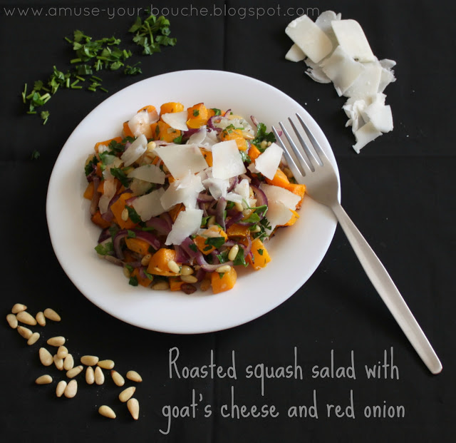 Roasted squash salad with goat's cheese and red onion